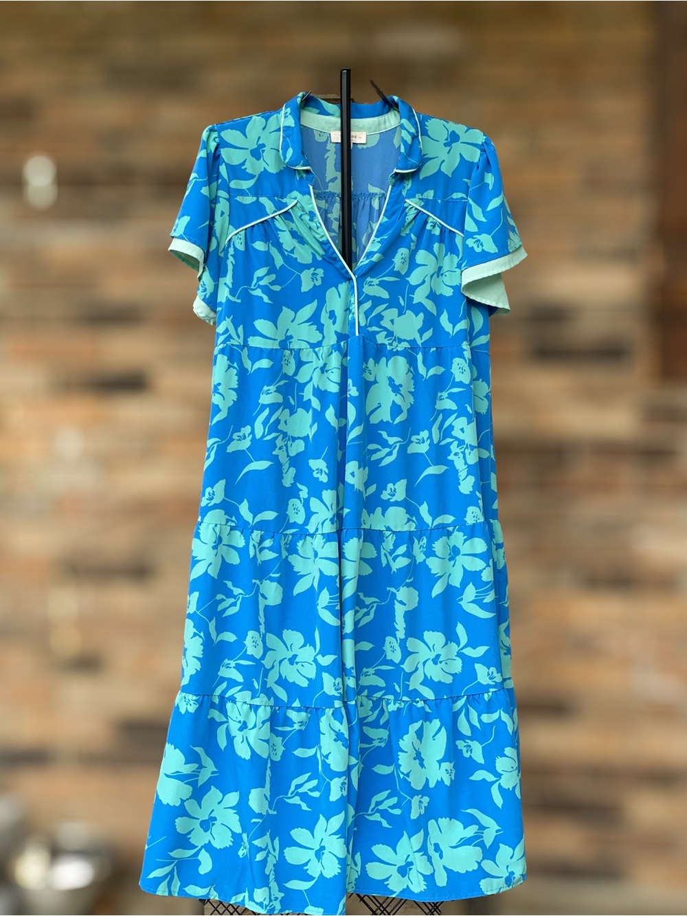 Umgee 1XL Blue Mint Floral Tiered Midi Dress Flutter Sleeve Boho